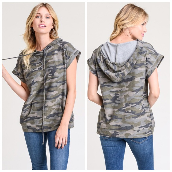 LAST 2!! 💕French Terry Camo Cap Sleeve Hoodie💕😊 - Picture 2 of 4